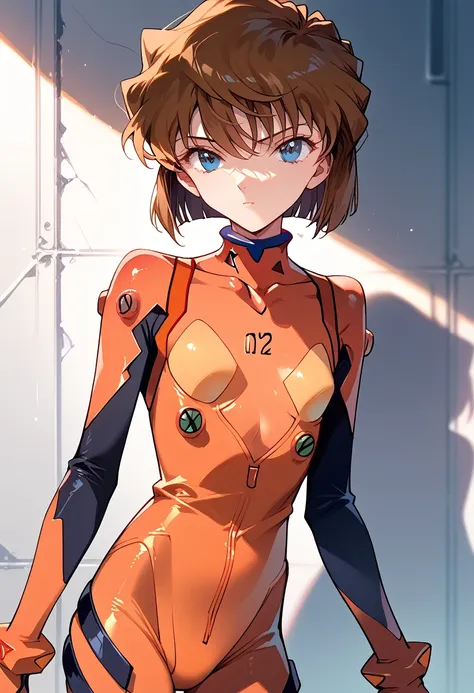 (detective conan,ai haibara)
(7-year-old girl,,flat chest,short,brown hair,short hair)
(evangelion unit 0 pilot suit)