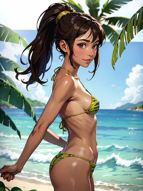 ((highest quality, masterpiece, High resolution)), ((reality)),Photos of beautiful Japanese women,((anime art))、 (((1 girl))), normal size breasts, slim body shape, long ponytail,double eyelid, Wet see-through micro bikini,  A pareo with bold ethnic patter...