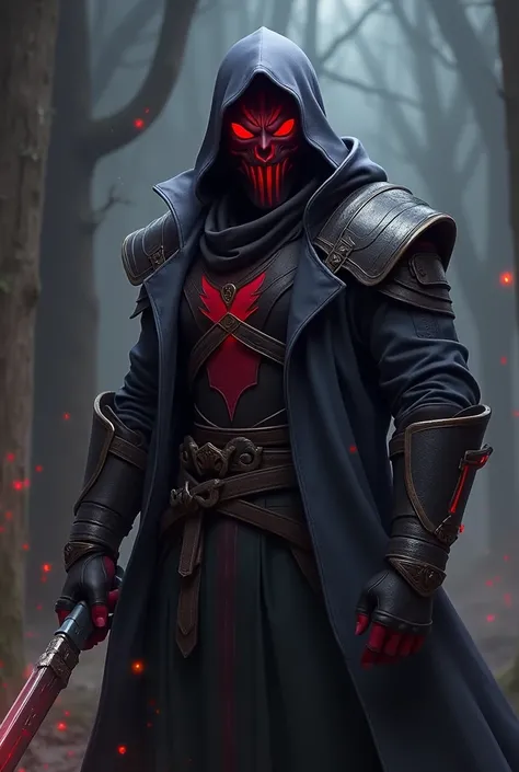 Imagine Zed, the character of League of Legends, with his typical dark outfit and intimidating mask. Now, Imagine you are holding the Kick logo with one hand.