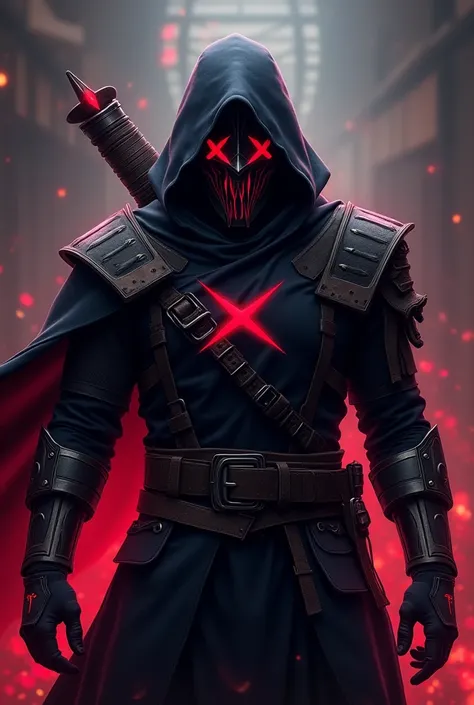 Imagine Zed, the character of League of Legends, with his typical dark outfit and intimidating mask. Now, Imagine you are holding the Kick logo
