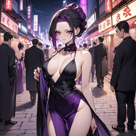 ((Highest quality)), ((masterpiece)), (detailed), （Perfect Face）、The demon woman is Shinobu Kochou, with black bob hair with purple gradation at the ends, styled in a formal evening hairstyle.、The woman is an evil man-eater and wears revealing clothing、A d...