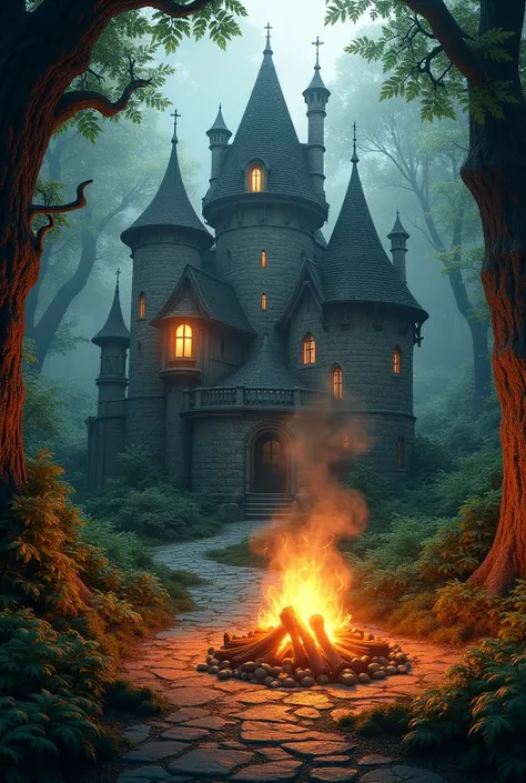 A cozy castle in the forest with a campfire