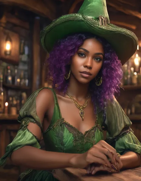 ultra realistic young black woman, 18 years old, ultra realistic green hair, brown eyes, wearing a purple and green witch outfit, with a spell on her finger, posing, in an ultra realistic tavern, very detailed image, in 8k, hyperrealistic, hyper lit 