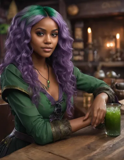 ultra realistic young black woman, 18 years old, ultra realistic green hair, brown eyes, wearing a purple and green witch outfit, with a spell on her finger, posing, in an ultra realistic tavern, very detailed image, in 8k, hyperrealistic, hyper lit 