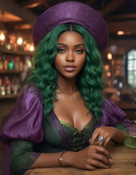 ultra realistic young black woman, 18 years old, ultra realistic green hair, brown eyes, wearing a purple and green witch outfit, with a spell on her finger, posing, in an ultra realistic tavern, very detailed image, in 8k, hyperrealistic, hyper lit 