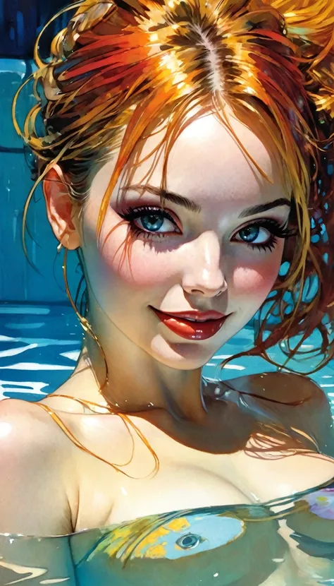 ((Top quality, 8k, Masterpiece: 1.3)), 1 woman, Beautiful girl with slim abs: 1.3, Large: 1.2, seductive pose, Swimming pool, sexy, Ultra detailed face, High detailed lips, detailed eyes, double eyelids, Smile, perfect ass(best quality,4k,8k,highres,master...