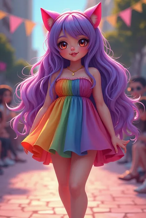 Very large bust, chubby girl, purple and pink long wavy hair with a cat ear hair band, hazel eyes, color gradient vivid rainbow summer dress on a catwalk, very detailed, very beautiful,