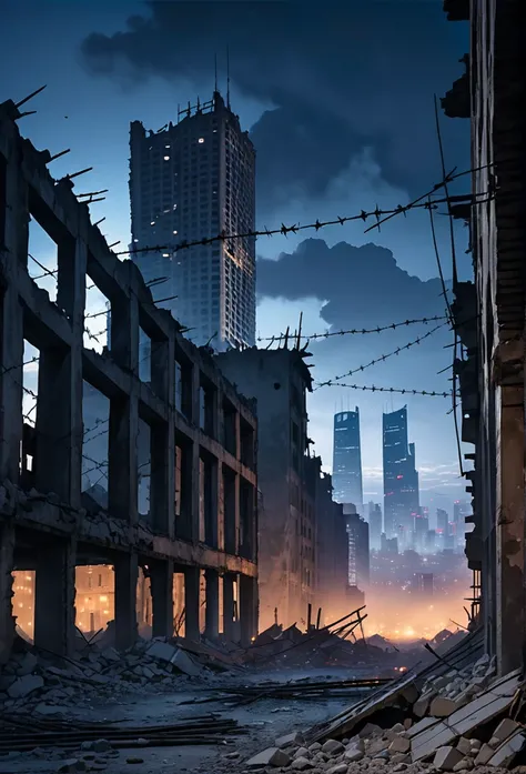 Destroyed city ruins, tall concrete wall with barbed wire, smog, skyscrapers in the distance, big deep sky, at night