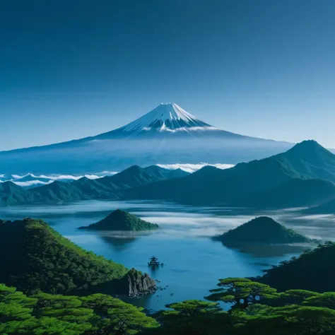 Island of the Gods, amazing scenery, otherworldly morning, mystical and calm feeling, heroic, magnificent, good morning, ancient Japan, emerging from the darkness, wishing for world peace. ((Best quality, 8K, masterpiece: 1.3))