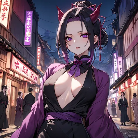 ((Highest quality)), ((masterpiece)), (detailed), （Perfect Face）、The demon woman is Shinobu Kochou, with black bob hair with purple gradation at the ends, styled in a formal evening hairstyle.、The woman is an evil man-eater and wears revealing clothing、A d...