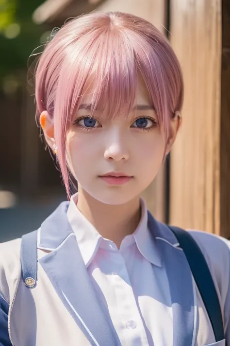 (Highest quality、4K、8k、High resolution、masterpiece:1.2)、Very detailed、(Genuine、Realistic、Realistic:1.3)、Cosplay、Japanese high school girl with pink pixie cut、uniform、White shirt、Navy blue jacket、Nakano Ichika