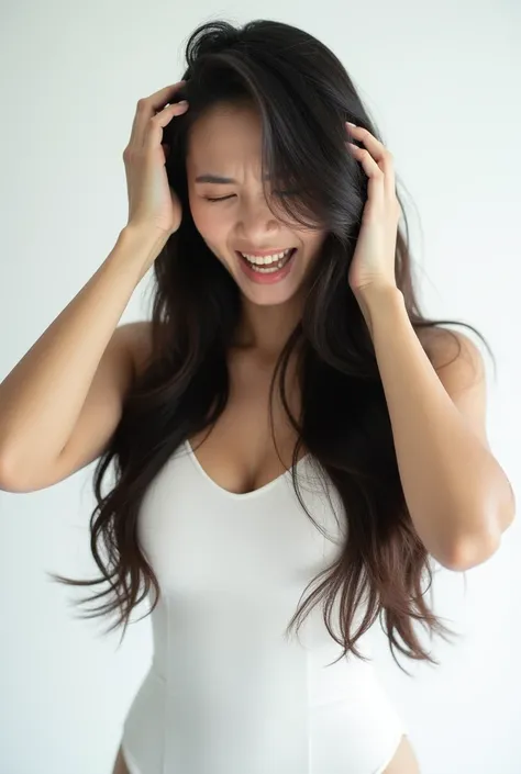 Create an Asian long-haired beauty，Wearing a white tight dress，Upper Body，Scratching scalp with both hands，Oily scalp with lots of dandruff，The expression is hideous，The characters are realistic and realistic，Pure white background，9:16 frames，Ultra-high-de...