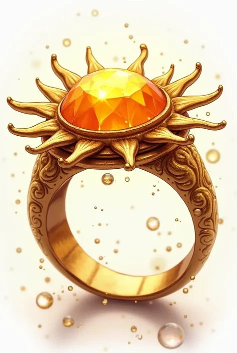 "A close-up of a golden ring with a sun-shaped gemstone, glowing in sunlight, with pixie dust around it
"A detailed illustration of a golden ring with a diamond, surrounded by sun rays, on a white background."
