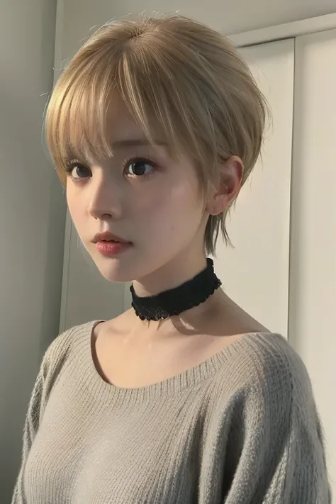 (Highest quality、4K、8k、High resolution、masterpiece:1.2)、Very detailed、(Genuine、Realistic、Realistic:1.3)、blonde、Pixie Cut、Grey sweater、Black choker、Full body photo