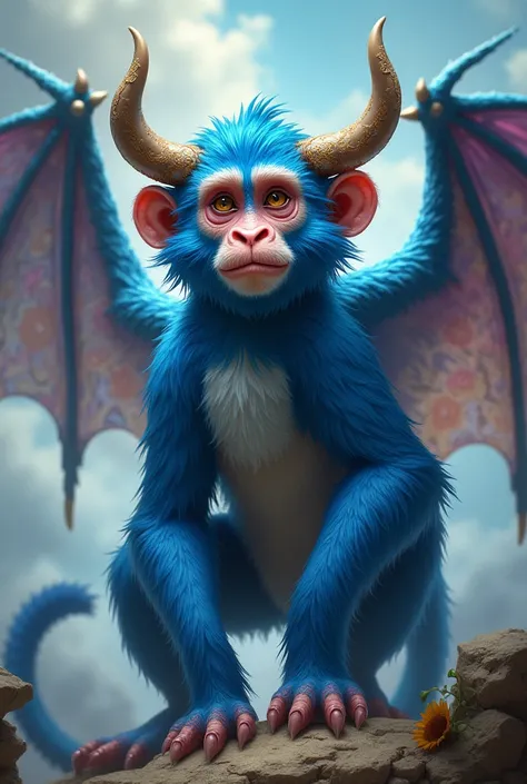 Blue monkey with dragon wings and bull horn