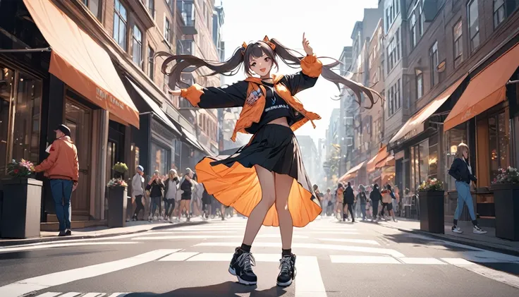 Highest quality,Girl dancing, Twin tails, In the city,Street fashion