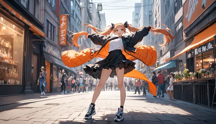 Highest quality,Girl dancing, Twin tails, In the city,Street fashion