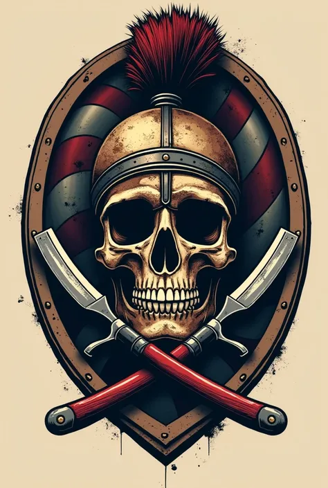 Create a barber shop logo, with a Spartan helmet that looks worn and with war blood on which a skull is placed, that is crossed with razor holders that are used in the barber shop, and behind the helmet you can see a barber pole 