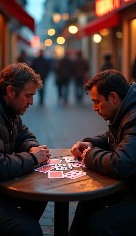 A small table on the street, 3 cards on it (2 red and 1 black), man taking bets mixing 3 cards, person guessing, street 3 card game, card game, man, person, table, cards, betting, guessing, street, detailed, realistic, photorealistic, high quality, 4k, hyp...