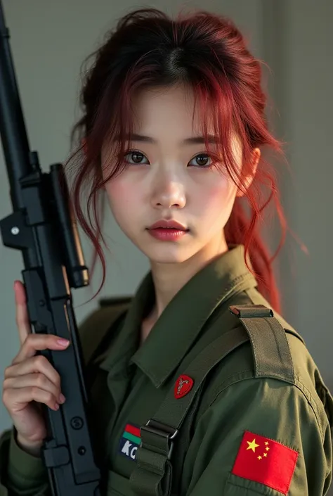 Asian woman in tank top holding gun, Beautiful Female Soldier, beautiful south korean woman, Military Girl, Silent from solid metal gear, Military Girl, With a rifle., Perfect military peace, ning yizhuo, closeup portrait shot, Silence from solid metal gea...