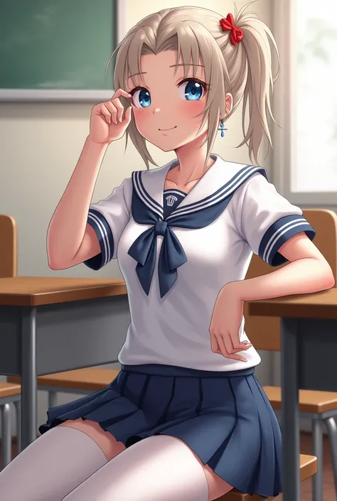 Highest quality、High resolution、Detailed Background、Very beautiful face、Highly detailed face、Teenage beauty、(Huge breasts:1.3)、Perfect body line、Light color hair、ponytail、Navy blue sailor suit、White sailor collar、Navy blue pleated skirt、White Stockings、Att...