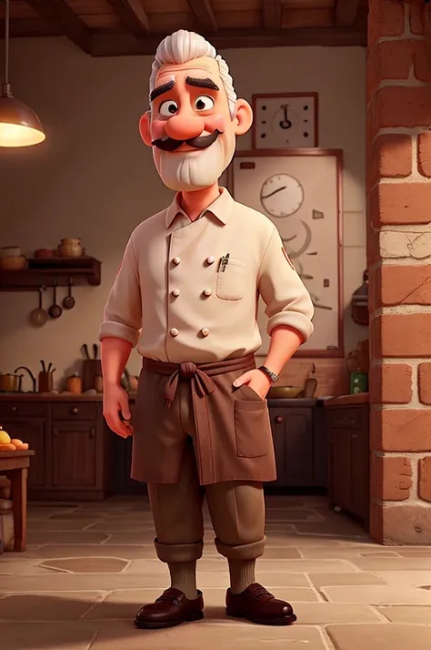 Animated 55-year-old chef , hairless and with a mustache 