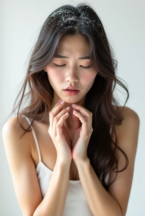 Create an Asian long-haired beauty，Wearing white tights，Upper Body，Scratching scalp with both hands，头油A lot of dandruff，A lot of dandruff，The expression is hideous，The characters are realistic and realistic，Pure white background，9:16 frames，Ultra-high-defi...