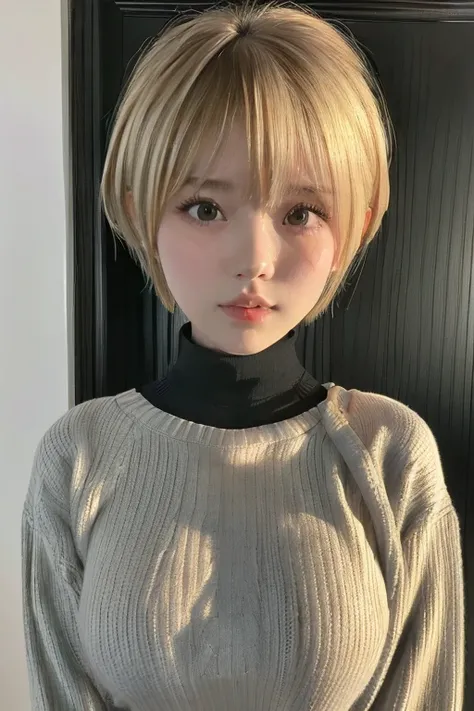 (Highest quality、4K、8k、High resolution、masterpiece:1.2)、Very detailed、(Genuine、Realistic、Realistic:1.3)、Japanese、high school girl、Big Breasts、blonde、Pixie Cut、turtleneck sweater、Black choker、Full body photo