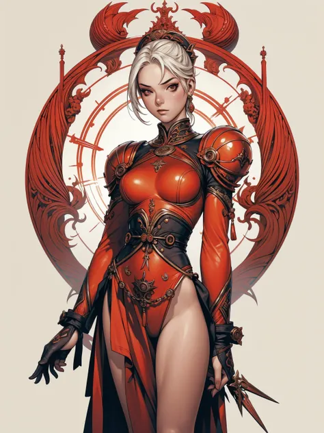 (best qualityer))), (((manga strokes))), woman red dragon knight, (((red helmet))), metal panties, medieval albino girl, Barbed wire garter belt, breasts covered with a wave-shaped metal breast protector, Curly white hair, long ribbon-garter, chains wrappe...