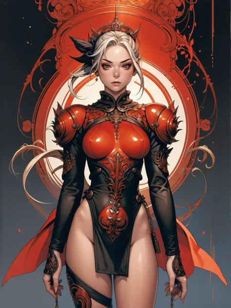 (best qualityer))), (((manga strokes))), woman red dragon knight, (((red helmet))), metal panties, medieval albino girl, Barbed wire garter belt, breasts covered with a wave-shaped metal breast protector, Curly white hair, long ribbon-garter, chains wrappe...