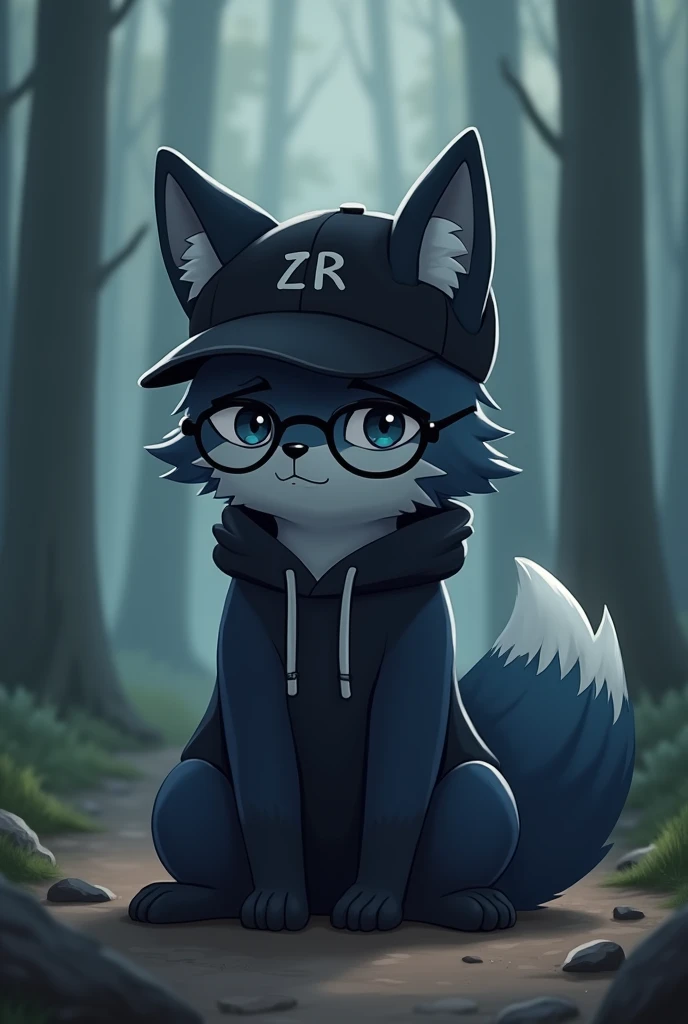 A dark blue fox of humanoid appearance Kemono sitting on the ground in front of the forest with a sad expression, wearing round black glasses, usando um casaco preto, wearing a black cap with the letters ZR on the cap.
