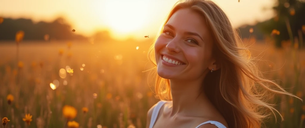 Crie a seguinte imagem : Elementos visuais:
1.	Main Scenario:
• A field or garden at sunrise or sunset, with soft golden or lilac light radiating. The setting should symbolize new beginnings and enlightenment.
2.	Central Figure:
• A woman smiling serenely,...