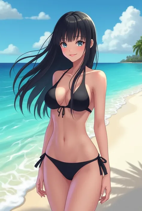 Japanese adolescent, female, long black hair, brightly smiling, wearing black bikini, standing on tropical beach, bright daylight, photorealistic, extreme detail, wallpaper, 8k