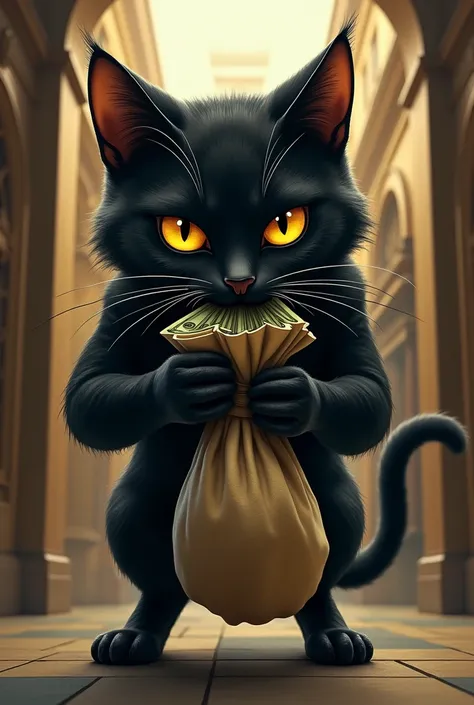 Black cat entrain de faire un braquage dans une banque avec un sac de billet 