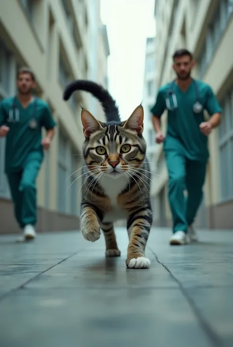 Chase scene in a veterinary hospital: a gray tabby cat with a white chest, Agile and determined, escapes from two veterinary assistants, they are both men. With his injured leg, running on three legs, Jump and dodge obstacles while two assistants try to ca...