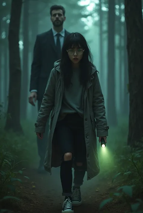 Por favor, create a scary image of a 25 year old with a long gray coat and ripped black pants, black ALL star sneakers, big round glasses and green eyes. She has a frightened expression and holds a flashlight as she walks through a pine forest while behind...