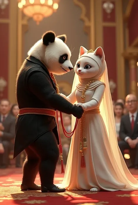 Now there is a Zeybek dance in Turkey. I want you to draw a male panda with a groom&#39;s suit and a female cat with a white wedding dress playing this game.. The female cat must be so cute, must be shorter than a panda, Wear a hijab and cover your head . ...