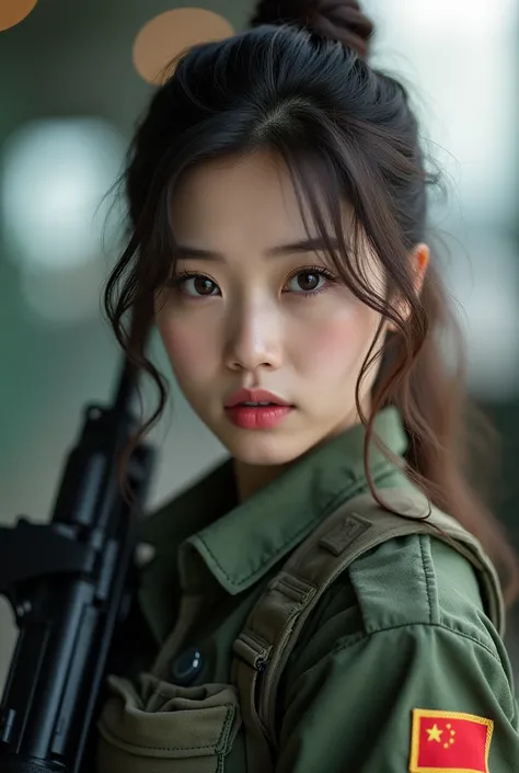 Asian woman in tank top holding gun, Beautiful Female Soldier, beautiful south korean woman, Military Girl, Silent from solid metal gear, Military Girl, With a rifle., Perfect military peace, ning yizhuo, closeup portrait shot, Silence from solid metal gea...