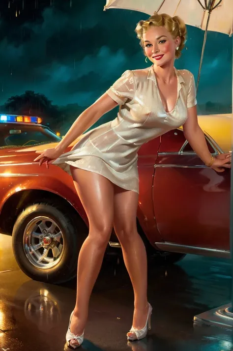 nsfw, photorealistic, beautiful face, (masterpiece:1.4), (best quality:1.4), extremely detailed, hyper-detailed, soft lighting, 38 years old very wet pin-up woman standing in the rain at a red retro car,  big breasts, hard nipples, short blonde hairbun, sh...