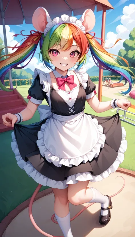 1girl, decora, mouse ears, maid outfit, neon colors, rainbow hair with ribbons, detailed 8k background of a playground with rainbow colors and crayola, smiling, teeth showing, cute background, place