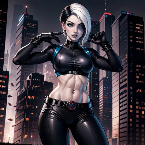 (Highly quality, masterpiece, detailed), city detailed scenario, city detailed background, solo, 1 woman, black hair, white hair, marveldomino, colored skin, makeup, leather cropped top, sleeves, gloves, belt, bellybutton piercing, bite her lips, blue eyes...