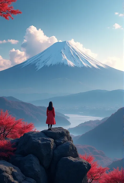 Fuji Mountain, Honshu, (figure: 1.0), A magnificent composition, Realistic lighting, High-resolution details, masterpiece, Highest quality, (Highly detailed CG synthesis 8k wallpaper), 1 person