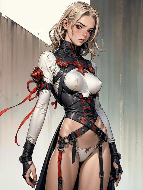 (best qualityer))), (((manga strokes))), woman red dragon knight, (((red helmet))), metal panties, medieval albino girl, Barbed wire garter belt, breasts covered with a wave-shaped metal breast protector, Curly white hair, long ribbon-garter, chains wrappe...