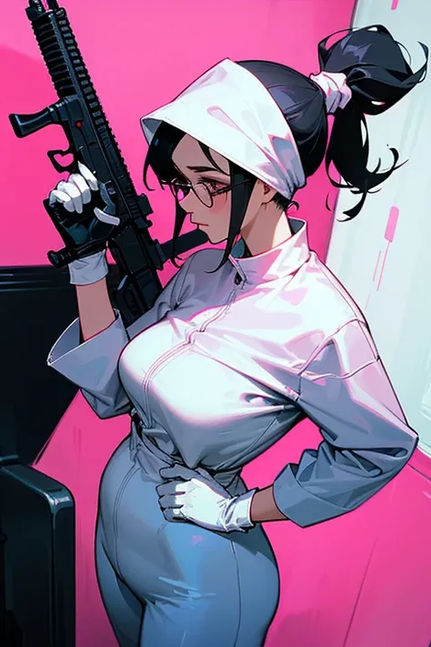 A mature woman with glasses and black hair tied up in a ponytail is wearing large pink rubber gloves, a white cloth wrapped around her head, a blue long-sleeved jumpsuit, and a submachine gun in the bathroom.