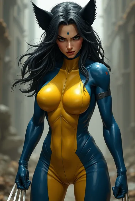 Real human,  Female wolverine with claws , mad and sad face, yellow and blue suit. Fair looking, dark thick hair, round face, average size dot on the forehead and bit curvy and big znd muscular. 