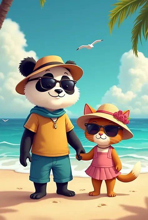 Let&#39;s have a male panda and a female cat. They are going on a honeymoon vacation. Here is the panda shorts on the beach, T-shirt, sunglasses and a hat. The female cat has sunglasses, and a women&#39;s hat
