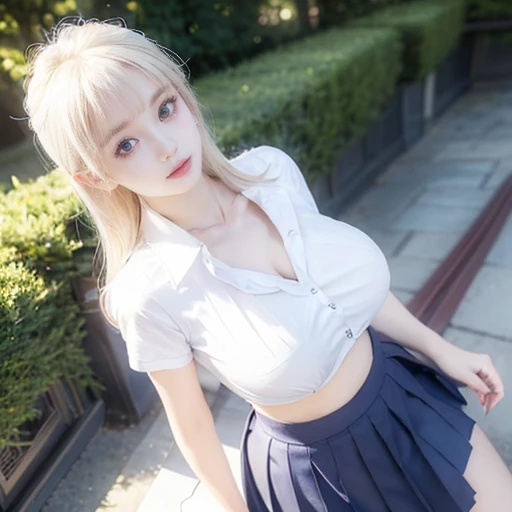 (Highest quality、Tabletop、8k、Best image quality、Award-winning works)、Cute school girl、(White polyester collared shirt:1.2)、(Navy Pleated Skirt:1.2)、Girl portrait photography、Glowing Skin、Platinum Blonde Hair、Are standing、(Large Breasts:1.7)、(Accentuate you...