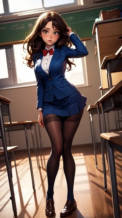 long brown hair, full body, classroom, 5ft 2inches tall, wavy hair, pale skin, british, school uniform, navy blue blazer, blue s...