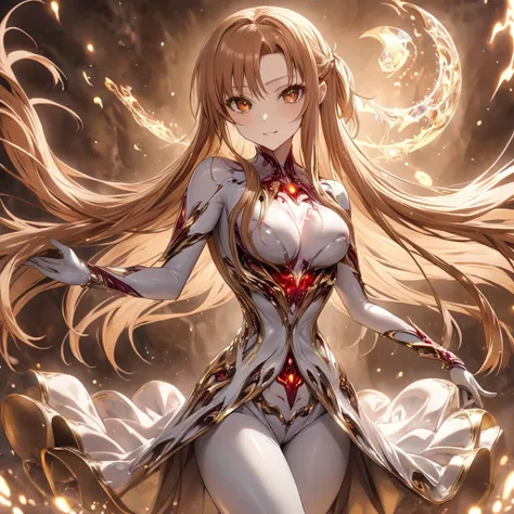 ((Highest quality)), ((masterpiece)), (detailed), （Perfect Face）、The demon woman is Yuuki Asuna, with light brown, semi-long hair.、The woman is a metallic lifeform made entirely of metal.