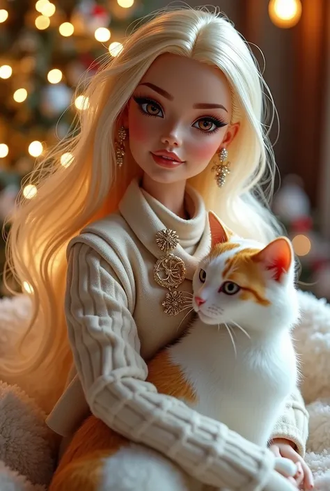 Adult Barbie Christmas style brown eyes and her cat Khao Manee white with yellow patches on her head and tail